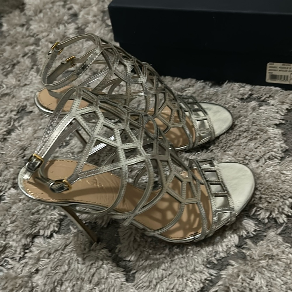 Sergio Rossi Puzzle Caged Evening Sandal Heel Silver Womens Sz 38 7.5 Gladiator